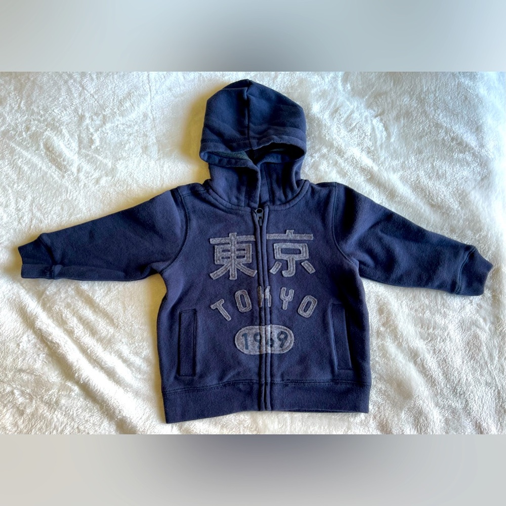 Baby Gap Zip Up Hoodie. “Tokyo 1969” Blue. Size 12-18 months